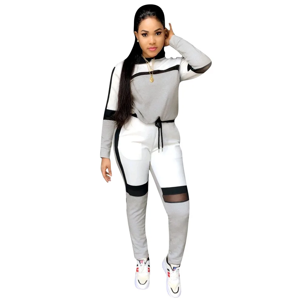 autumn clothing patchwork long sleeve two piece set women tracksuit