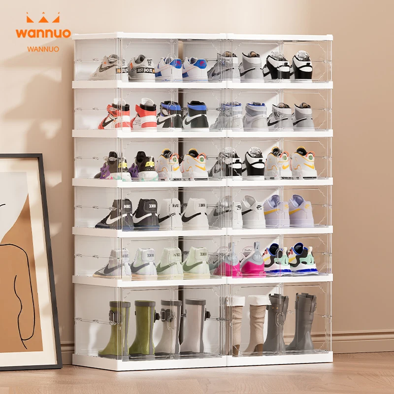 Wannuo Easy To Install One-piece Folding Shoe Cabinet Two-row 6-18 Pairs Capacity Collapsible Shoe Storage With Magnetic Door