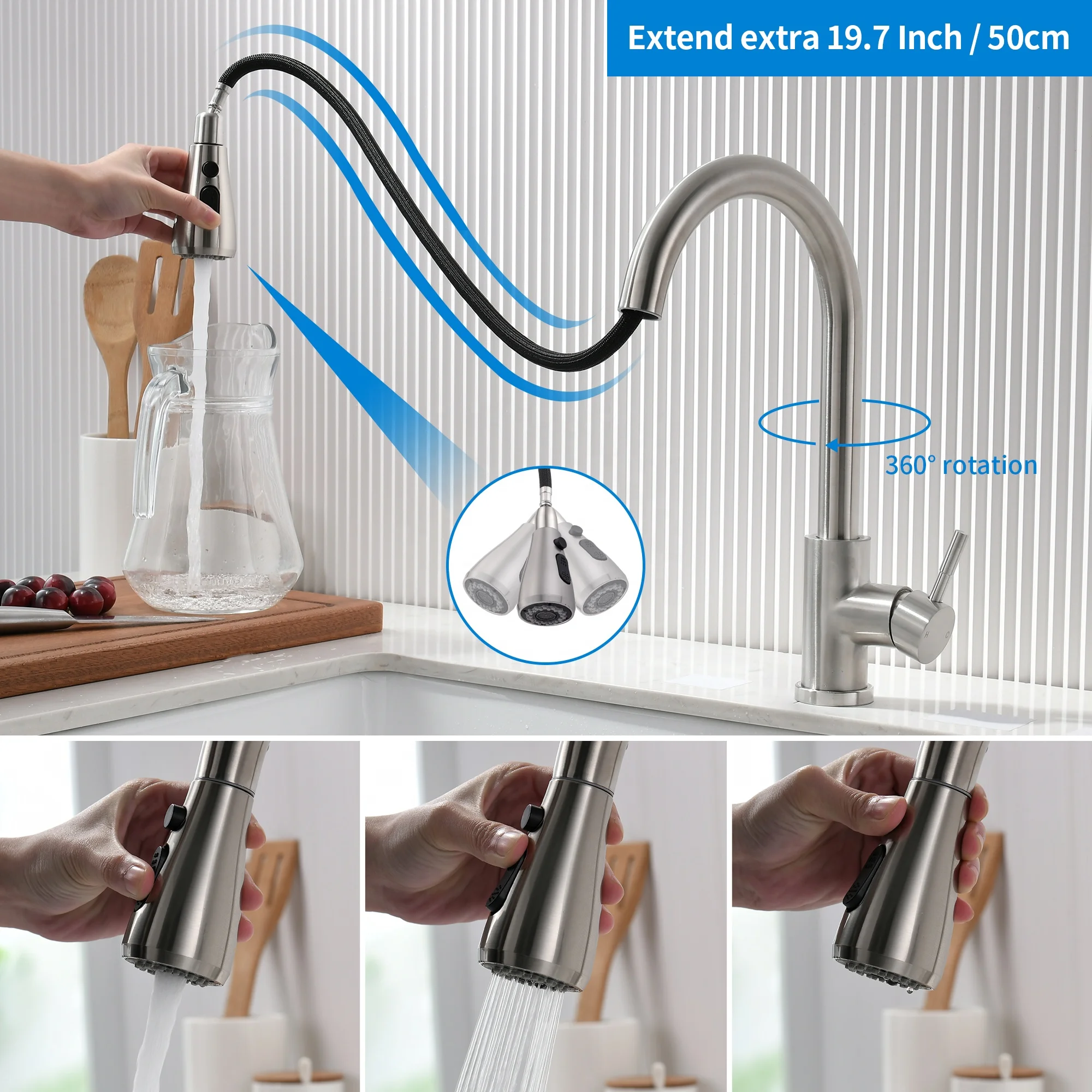Professional Flexible Manufacturing Kitchen Faucet Pull Sprayer Single Dual Handle Brushed Stainless Steel Customizable Material