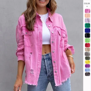 Hot Selling Women Coat Raw Edge Distressed Denim Jacket for Women Long Sleeved Casual Lapel Top Mineral Wash Cardigan