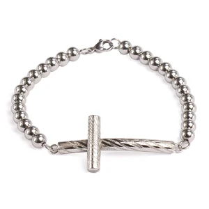 Tizti Jewelry Custom Length Stainless Steel Beads Unique Damascus Cross Mens Bracelet
