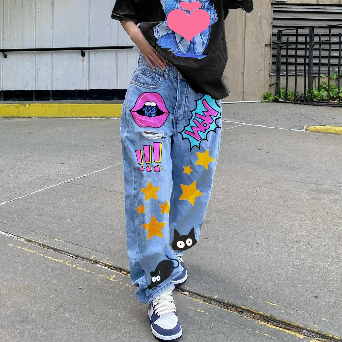 KY All Over Print Boyfriend Straight LEG Washed Hip Hop Wholesale