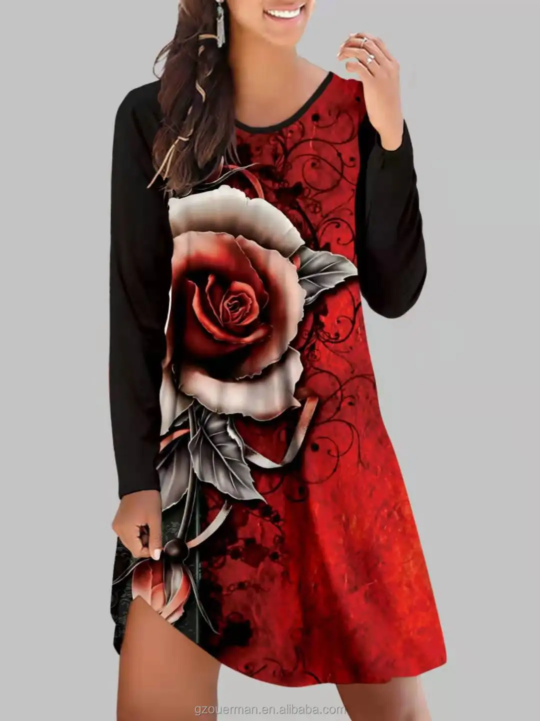 Vestido Holgado De Manga Larga Para Mujer De Otoño Con Cuell Vestido Holgado De Manga Larga Para Mujer De Otoño Con Cuell