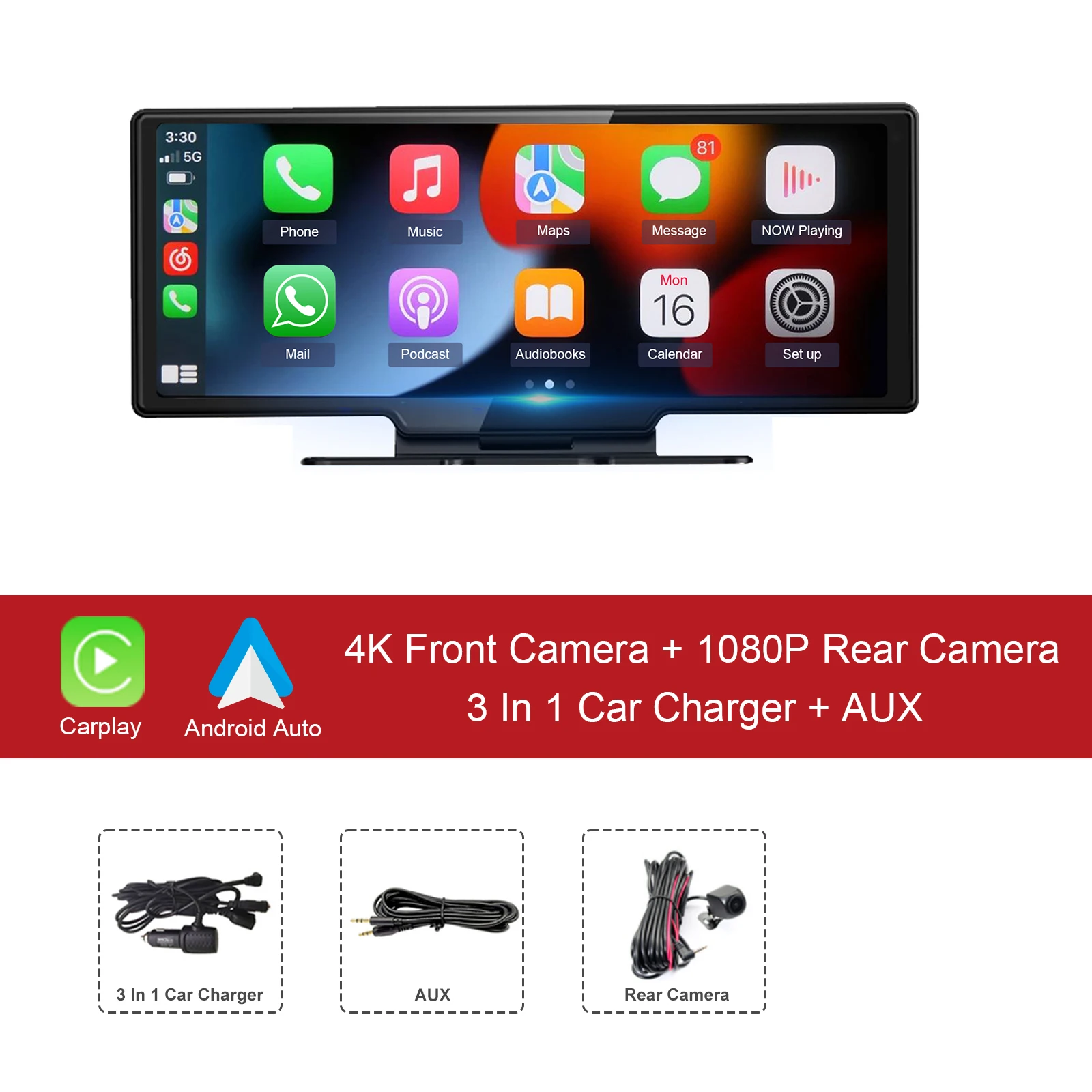 10.26 4K Car DVR Wireless CarPlay Android Auto ADAS WiFi AUX Dash Cam GPS  FM Rearview Camera Video Recorder Dashboard 