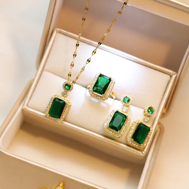 Green Gemstone Jewelry Set Princess Style Clavicle Chain Stud 925 Sliver Earrings Necklace Cut Pattern Engagement Gift