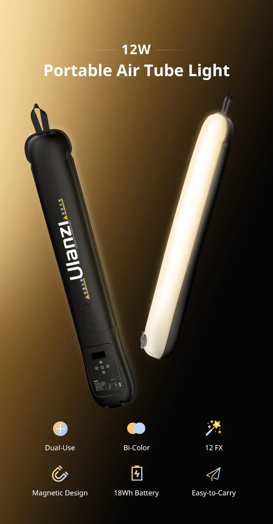 Ulanzi UA12 Bi-Color Fill Light 12W Portable Air Tube 2700K-6500K Magnetic Fill Light for Indoor & Outdoor Photography