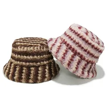 2025 Autumn Winter Warm Female Lamb Wool Plush Gradient Striped Fisherman Hat Cross-Border for Europe United States Casual New