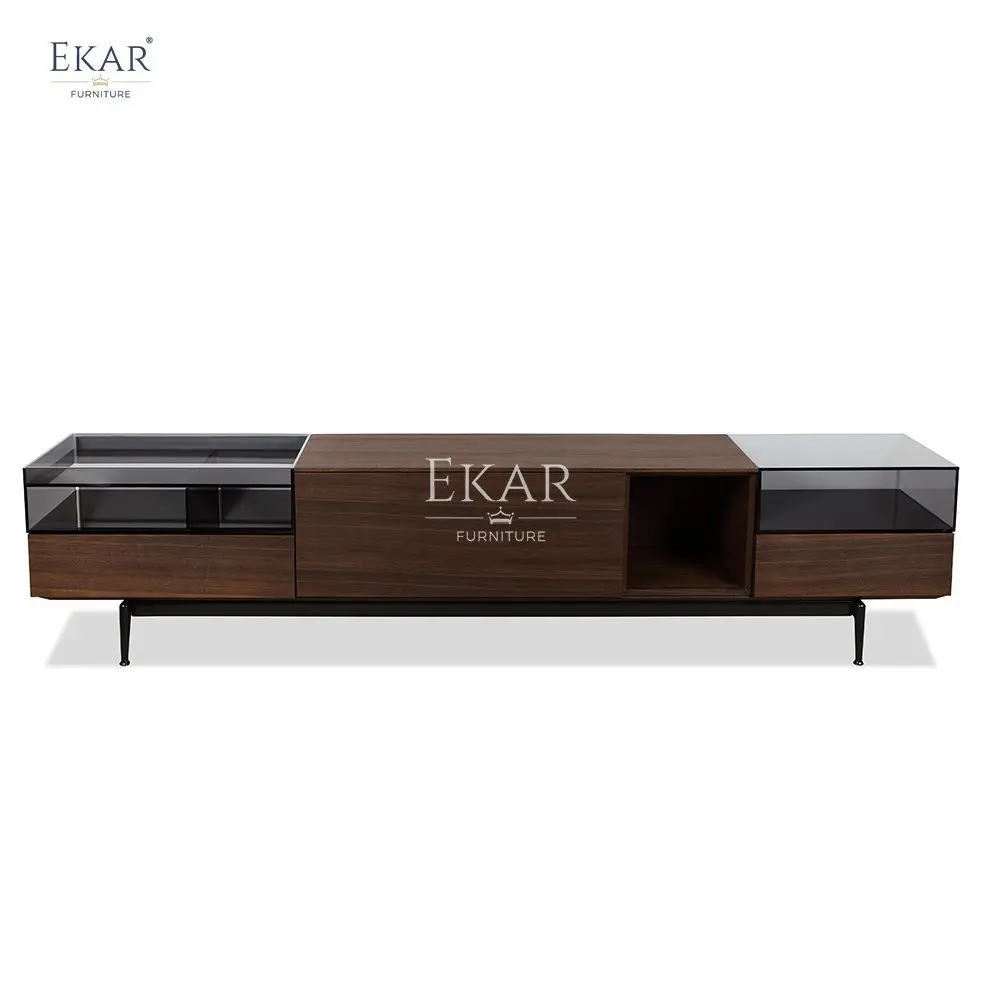 Modern High Gloss Gunmetal TV Stand Sleek Luxury Living Room Furniture with Espresso Sandblasted Steel Frame Wooden Material