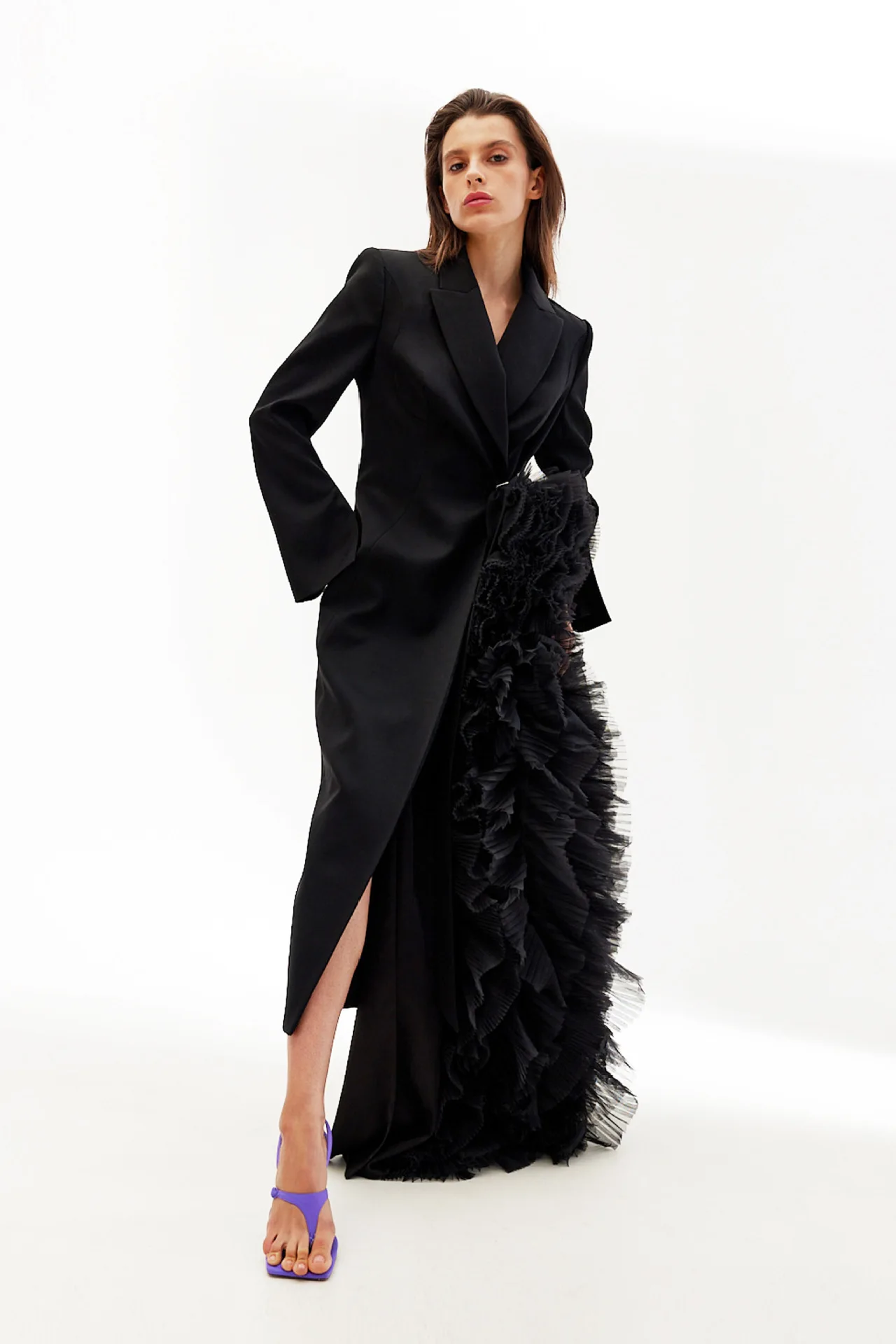 Wholesale Asymmetric blazer dress tulle ruffle hem elegant coat dress fashion long jacket dress chic tatement outfit party evening high fashion