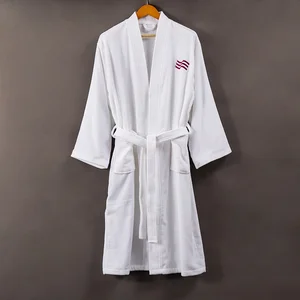 100% Cotton White Thick Waffle Women's Night Bathrobe with Quick Dry V-Neck Long Sleeves Embroidery