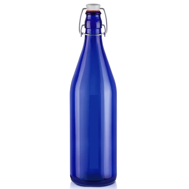 Unique Design Special Shape Special Color Big Belly 32oz Water Beverage Blue Glass Bottle With Swing Top Lid In Bulk