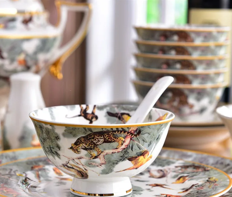 Juego de vajilla de porcelana de la serie Jungle, juego de cuencos