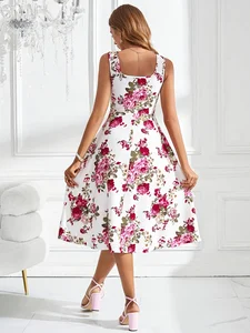 New Arrival Floral Printed Chiffon Midi Square-neck Dress for 2026 Fashionable and Elegant for Office Women Dress