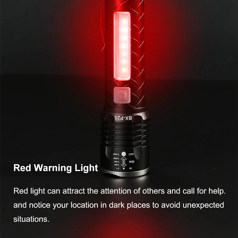 Super Bright LED Flashlight COB Side White Red Light 15W LED Rechargeable 3000 Lumens Outdoor Emergency 4 Modes Zoomable Torch