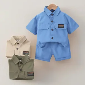 Clothing Sets for Boys Aged 0-5 Toddler Kids Summer Cargo Shorts Button Shirts Big Pockets Solid Suits Clothes for Kids