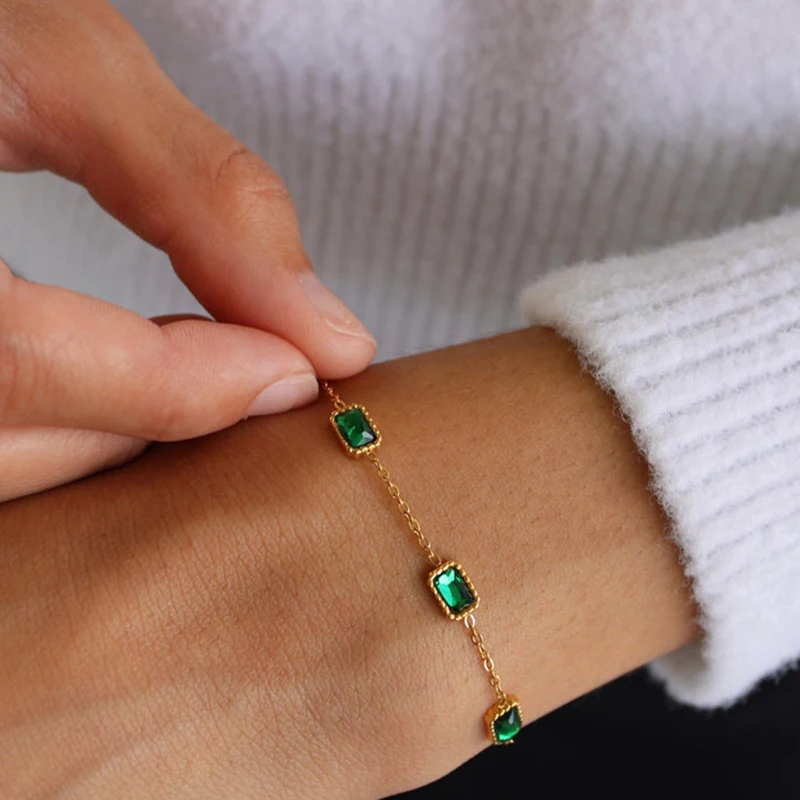 Dainty 18k Gold Plated Stainless Steel Birthstone Necklace for Women Charm Green Zircon Gemstone Necklace Bracelet