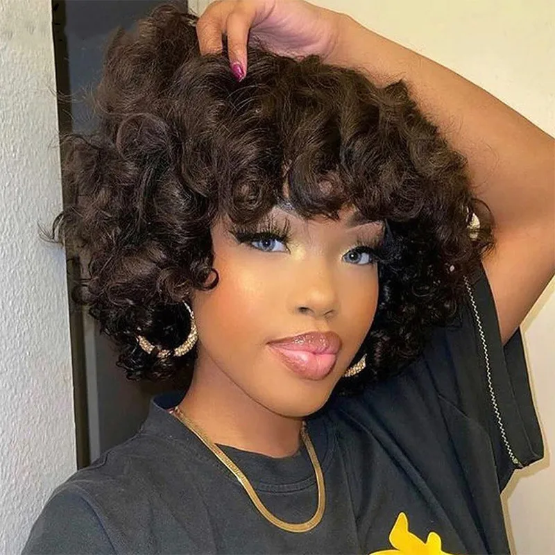 Perruque Courte Afro Bouclée En Cheveux Humains - Brun, 25 Cm, Avec Frange + Cadeau