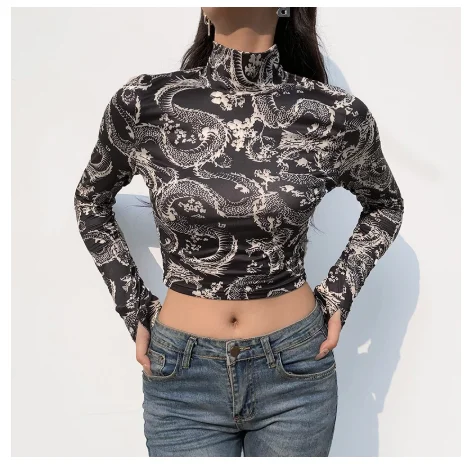 Wholesale Dragon Print Turtleneck Women's T-Shirts Clothing 2020