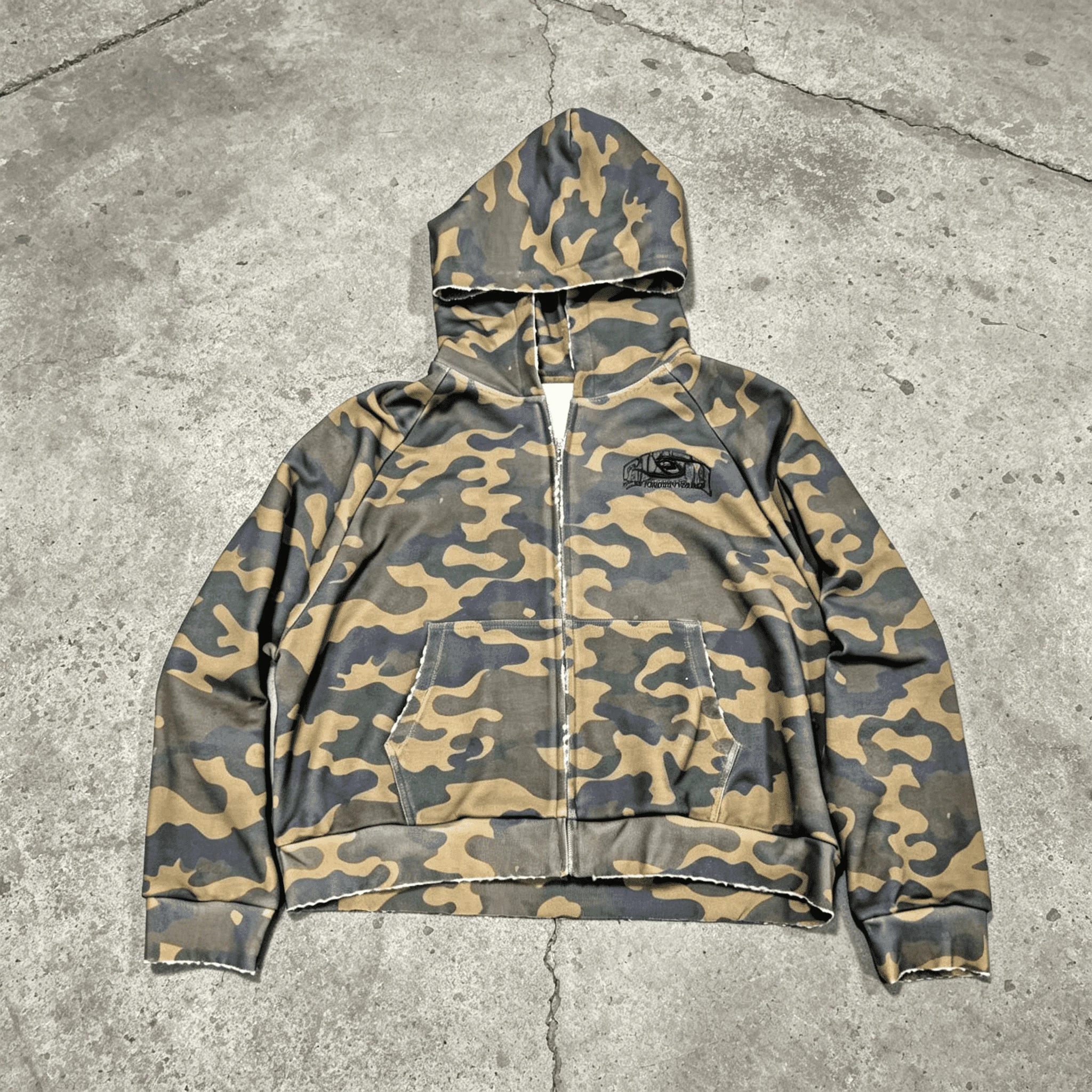 Premium Mens Camouflage Hooded Sweatshirt Washed Distressed Full Zip Urban Street Style Outerwear Apparel