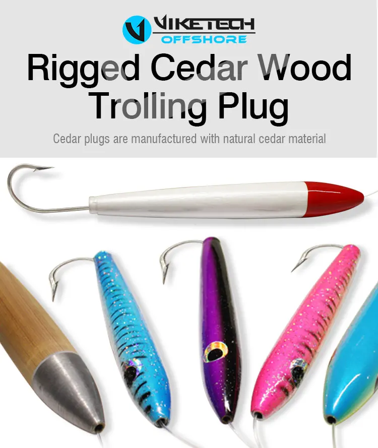 Lead Head Wooden Wahoo Tuna Mahi Cedar Plug Rigged Boat Fishing