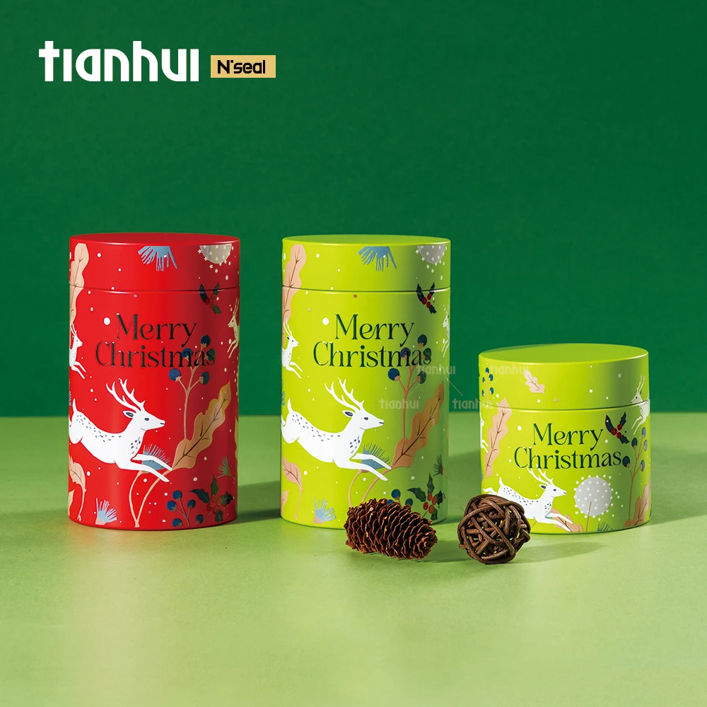 Kaleng Logam Tertutup Desain Perayaan Tianhui Grosir untuk Kemasan Hadiah Liburan Natal dengan Tutup Kedap Udara