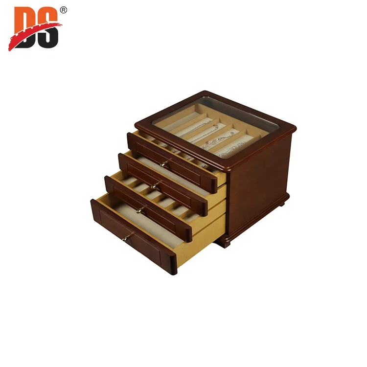 DS Customized Large Capacity Wooden Box High Quality 4 Layer Jewelry Storage Box Treasure Chest