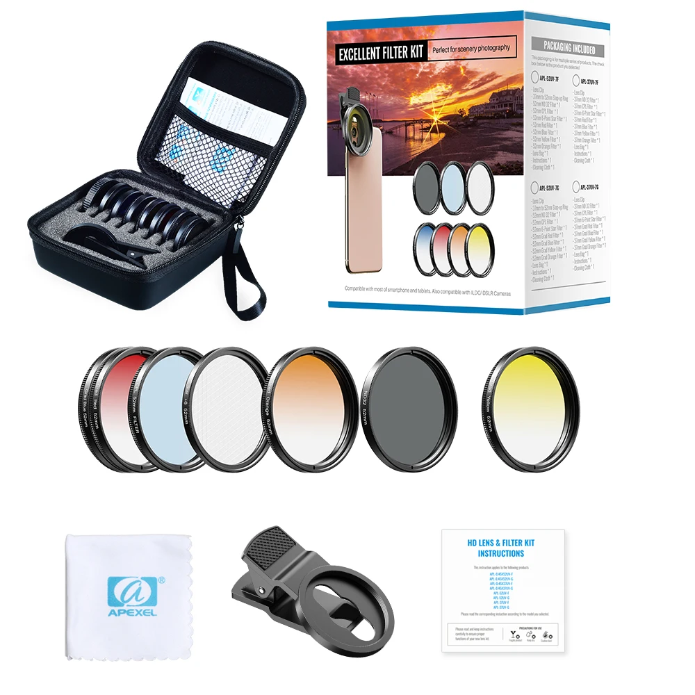 Universal Clip Round Photography CPL ND32 Star Graduated Filter APEXEL 52MM Complete Lens Filter Accessory Kit for Lenses
