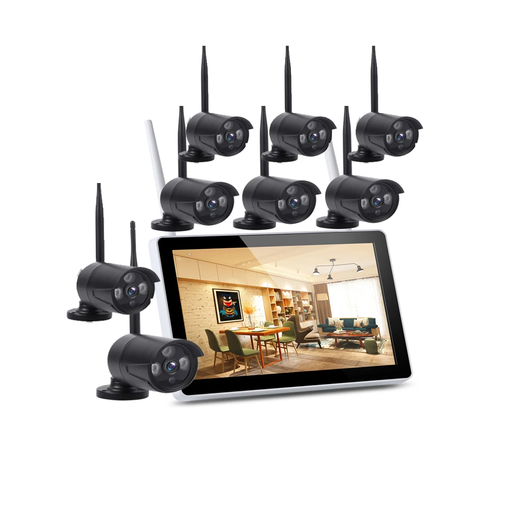 8 Channel HD Wifi NVR Kit 2MP Bullet IP Camera Wireless Cctv Cameras System with 12 Inch Monitor Screen