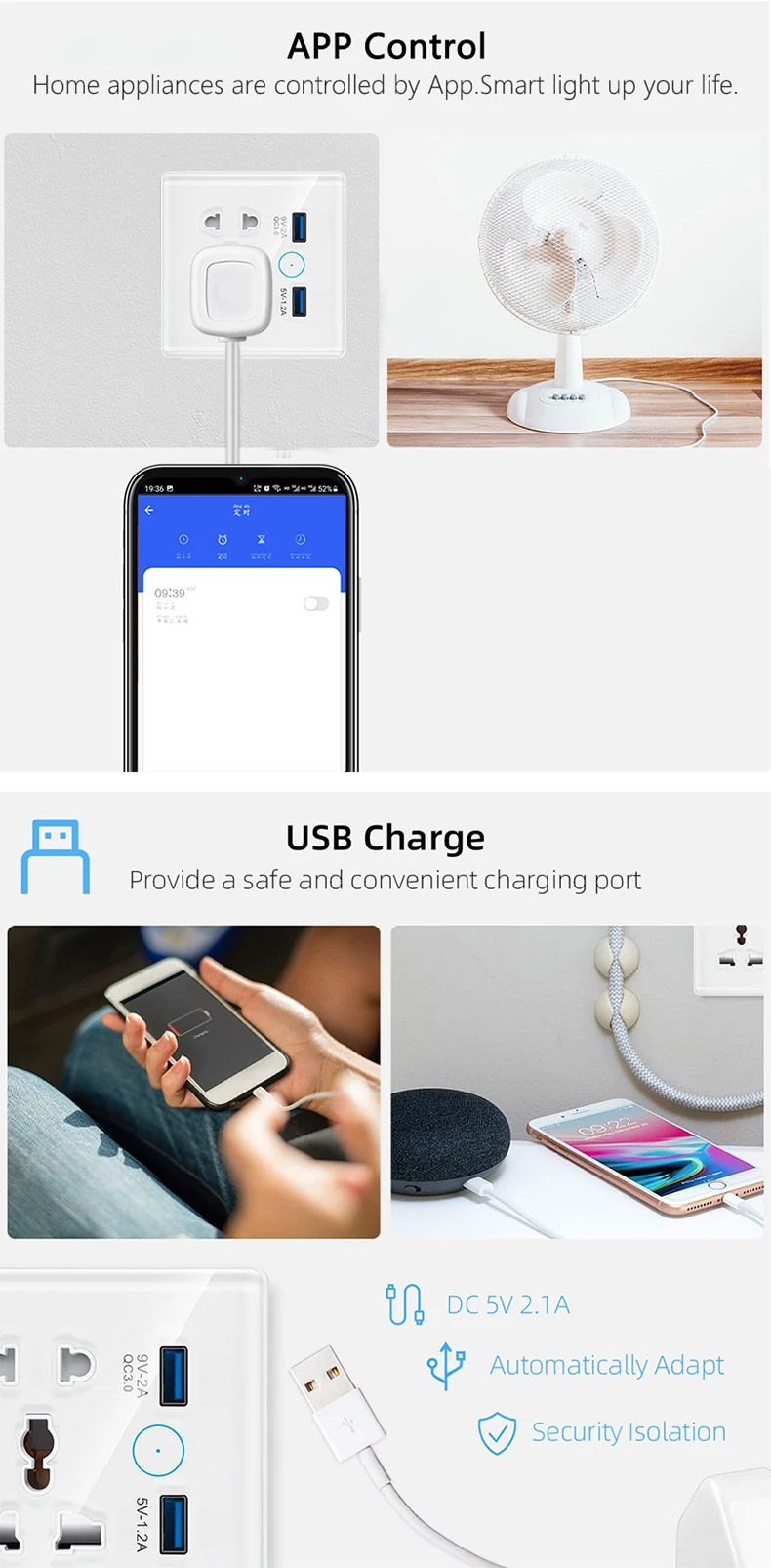 Tuya Smart Home 13A Socket Wifi Multi-function Universal Socket with USB Interface Smart Wall Socket 86