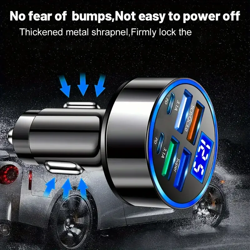 6-in-1 Car Charger with QC3.0 Fast Charge, USB Type-B, Matte Finish, Cigarette Lighter Powered