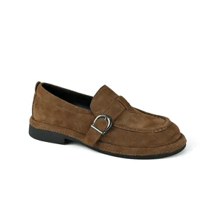 Trendy Brown Suede Loafers with Metal Buckle - Round Toe Casual Penny Loafers for Daily & Office Wear