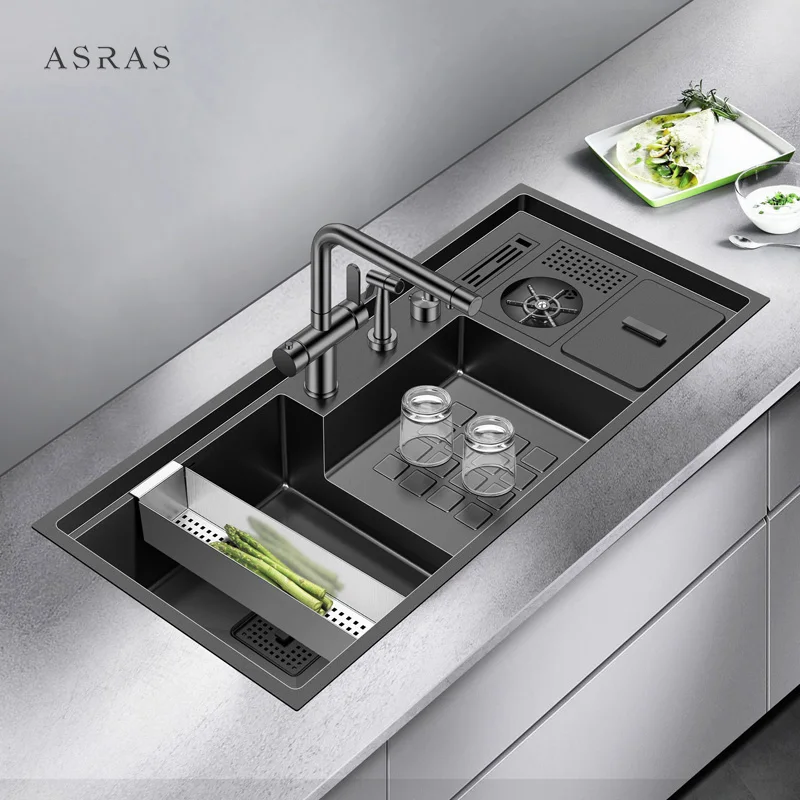 Asras SUS304 Nano Single Large Stepped Basin with Cup Washer with Drain Trash Can Model 10547NX Handmade Kitchen Sink