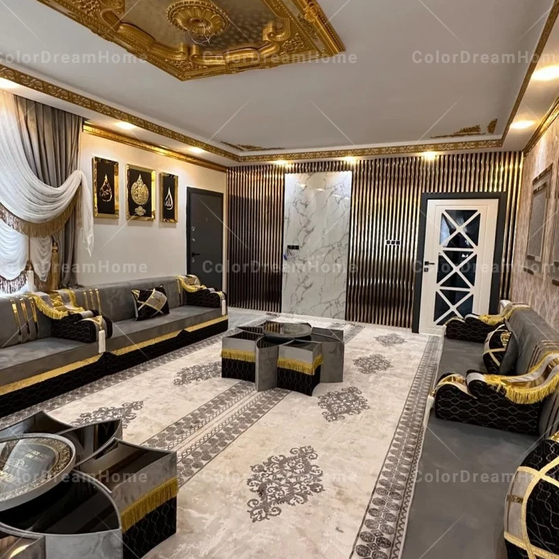 High-End Customized Arab Luxury Furniture Set Handmade Arabian Majlis Living Villa Modular Tufted Wood Middle Eastern Style