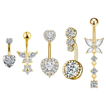 5Pcs/Set Gold Plating of Stainless Steel Belly Button Ring Butterfly Heart Dangle Women Sexy Navel Piercing Jewelry Wholesale