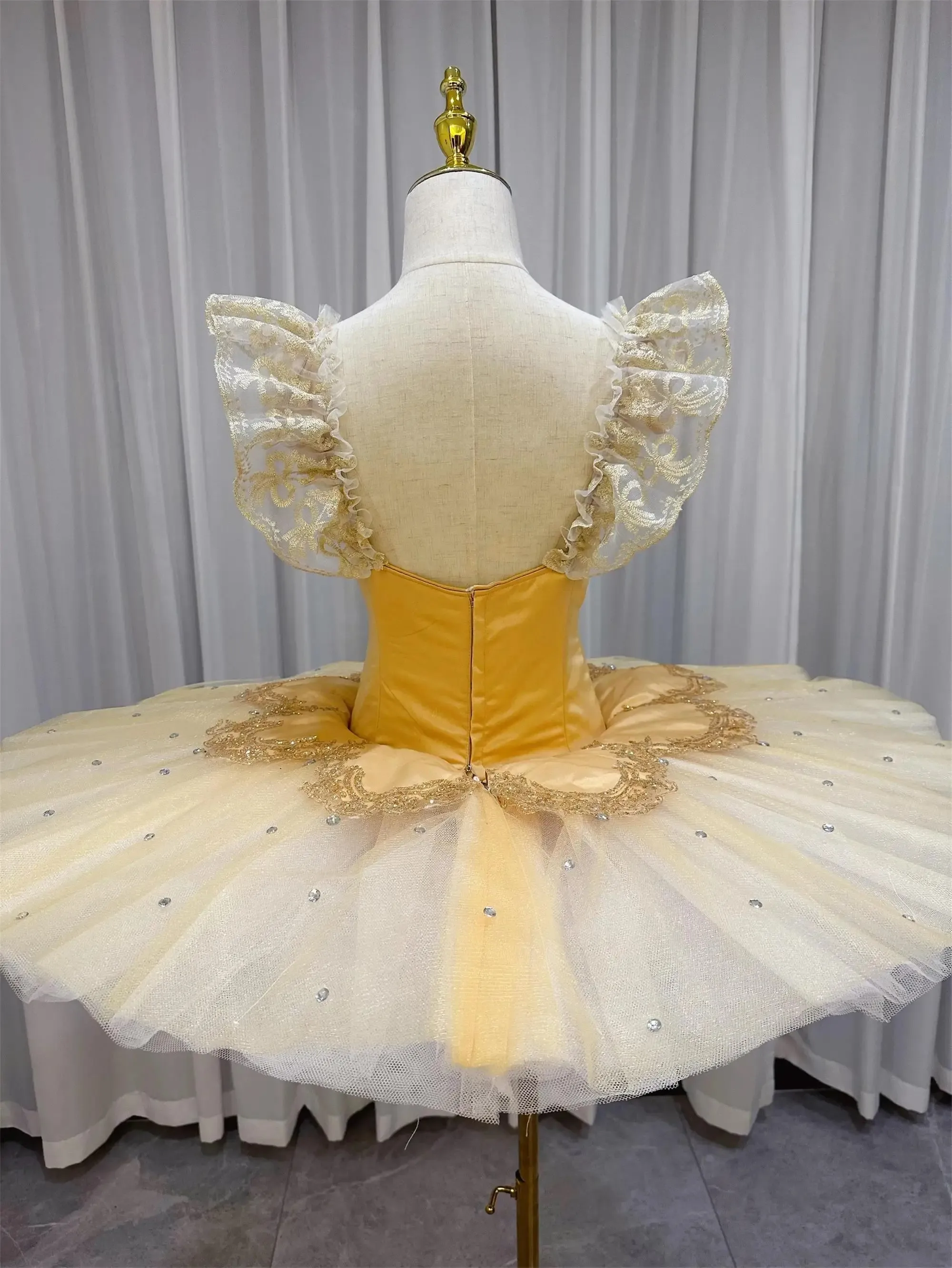 a ballet dancer dressed in a golden yellow tutu Professional Dance Costume Women Custom Size Performance Competition Tutu Dress Stage Dance Wear Silver trim