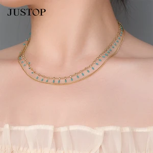 Minimalist Colorful Enamel Chain Necklace Double Layered Stainless Steel Collar Necklaces