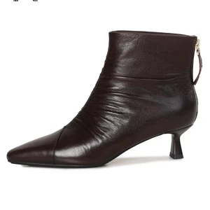 Ladies Luxury Winter Fashion Ankle Boots High Quality Genuine Leather Pointed Toe Buckle Zip Closure Height Increasing
