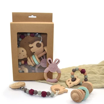 Hot Sale Baby Chew Toy Animal Wooden Teether Baby Animal Silicone Teether Toy Set