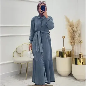 Wholesale Autumn 2026 New Fashion Elegant Temperament Casual Solid Color Zipper Lace-up Waist Denim Women's Dress