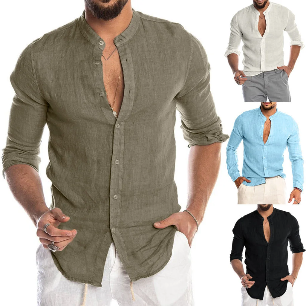 Custom No Label Blank Cotton Linen Work Shirts For Men Long Sleeve81_voghion.com