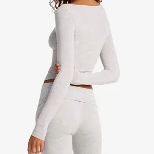Heather Grey Off-Shoulder Long Sleeve Top and Leggings Set Skin-Friendly Stretch Slim-Fit Workout Casual Activewear Women Suit