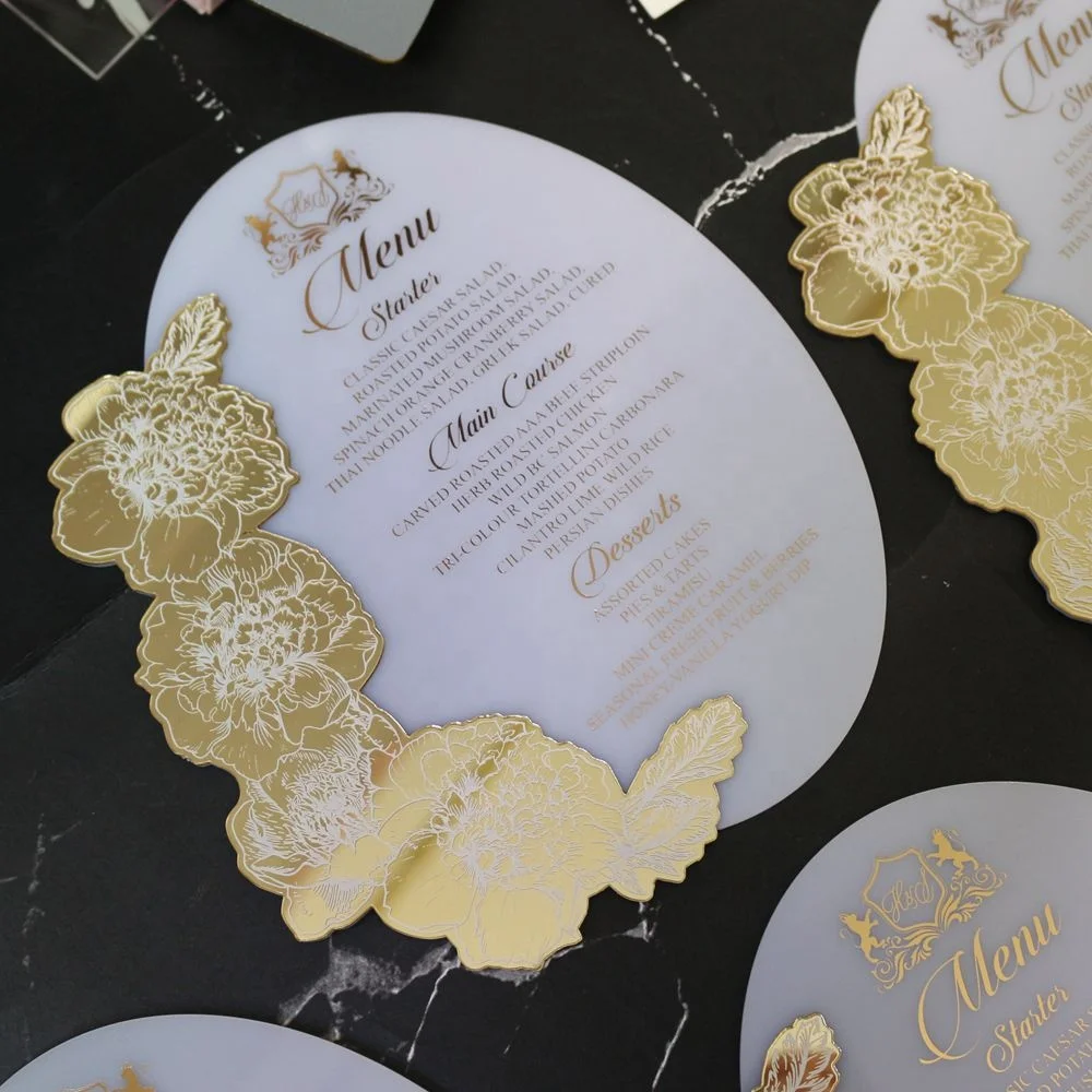 elegante personalizzato design gratuito bianco e oro acrilico carta da  tavola menu di nozze con fiori