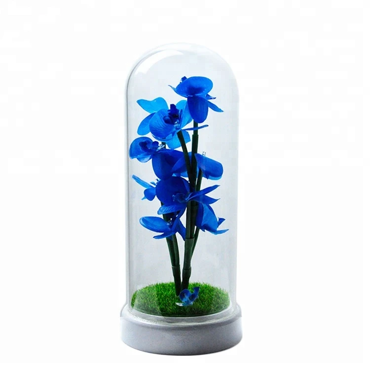 Wholesale artificial clear mini led flower cloche glass bell jars domes with wooden base for decoration and gifts