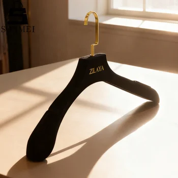 Elegant Custom Golden Logo Swivel Hook Luxury Black Dress Velvet Hanger