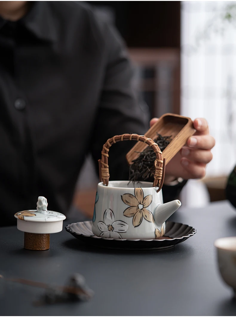 Japanese-Style Single Ceramic Teapot Ice Ash Cherry Rattan Raised Beam Small Pot with Japandi Design Style