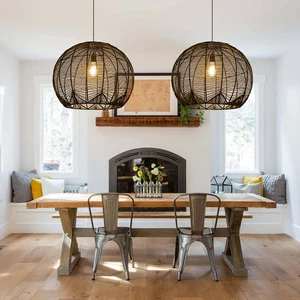 Kitchen Island Globe Wicker Hand Woven Rattan Pendant Lights Natural