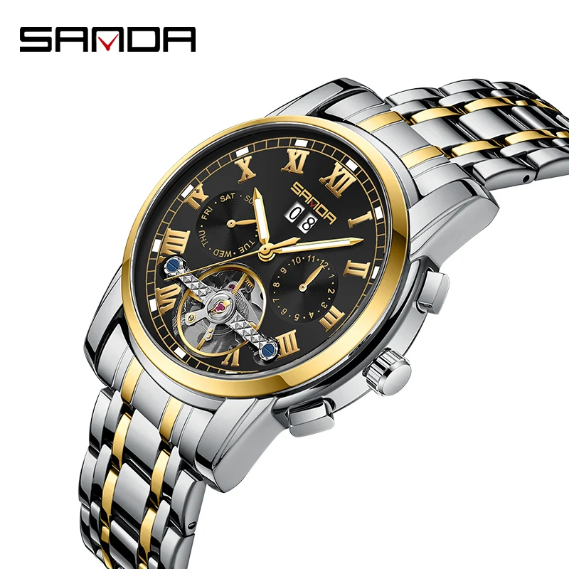 SANDA 7006 Elegant Custom Brand Man Mechanical Watch Stylish Stainless Steel Band Waterproof Date Display Character Business Wri