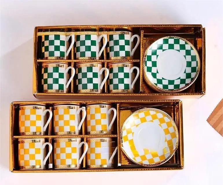 High Quality Arabia Golden Color Ceramic Coffee Cup and Saucer Turkish Ethiopian 12pcs Tea Set