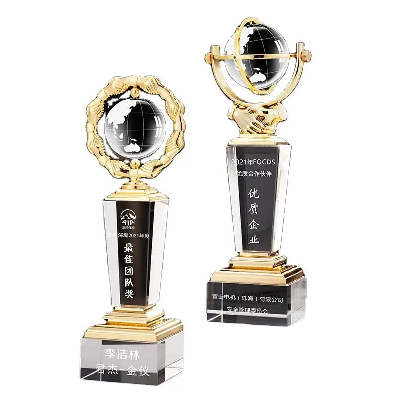 New Stock Arrival Custom Business Gift Glass Globe Trophy Award Customized Logo Champion Crystal Trophy