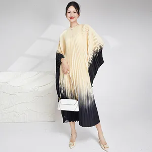 Miyake 2025 Summer New Print Loose Plus Size Bat Sleeve Dress Woman Casual Style Muslim Pleated Dress